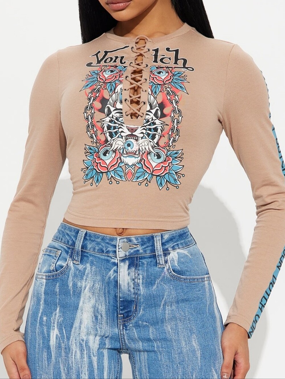 Von Dutch Tan Lace-Up Graphic Long Sleeve Crop Top